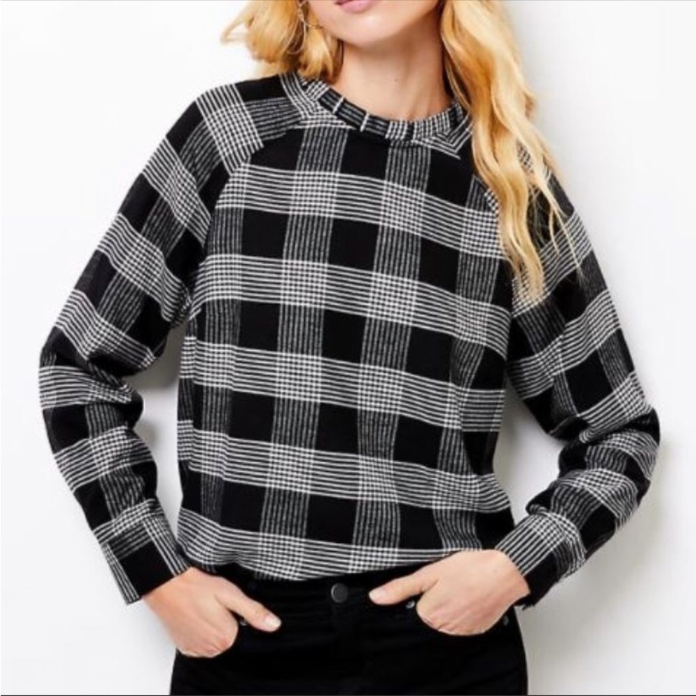 ANN TAYLOR LOFT Plaid Pleated Ruffle Neck Blouse Top S